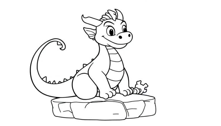 Un adorable petit dragon dessiné dans un style cartoon, assis sur un bloc, souriant et prêt pour l'aventure.