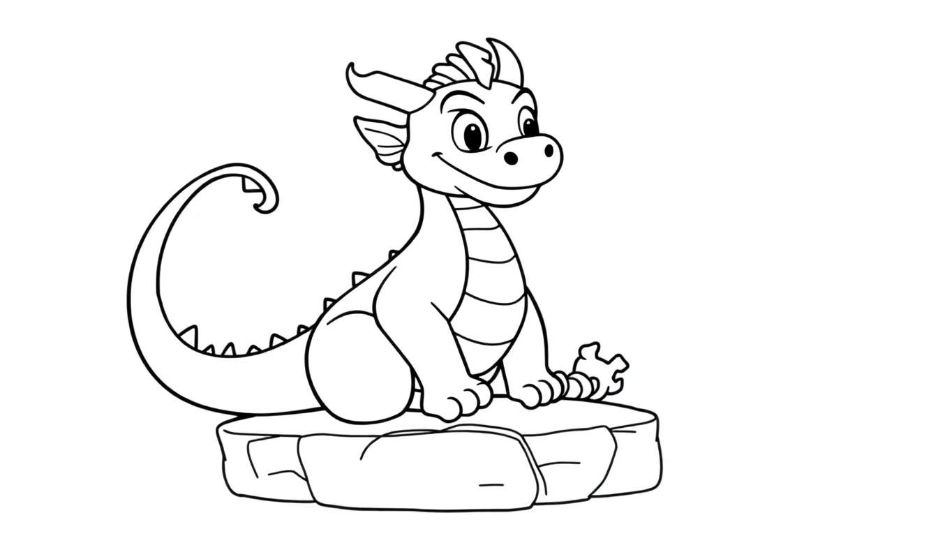 Un adorable petit dragon dessiné dans un style cartoon, assis sur un bloc, souriant et prêt pour l'aventure.
