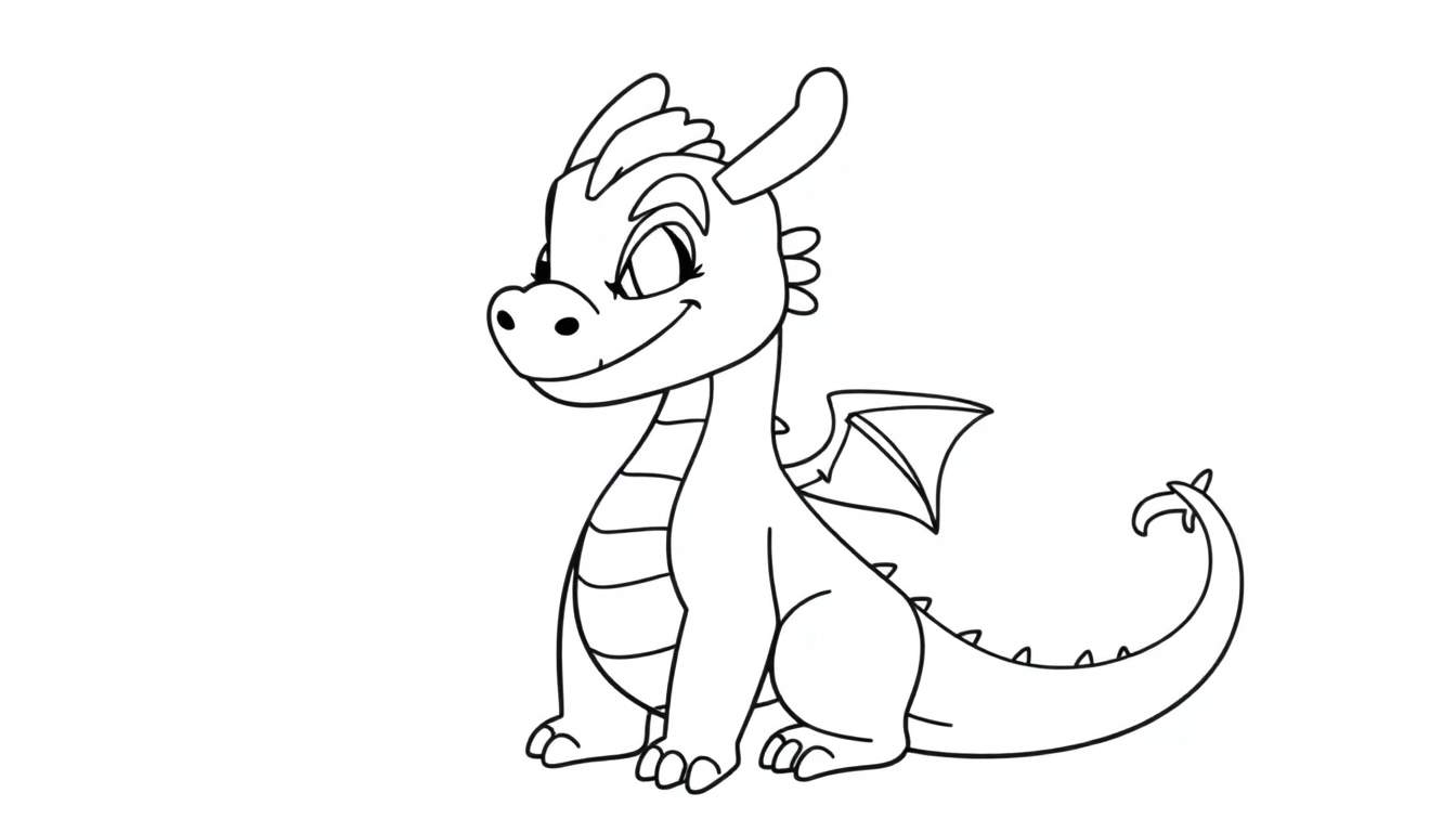 Un mignon petit dragon de dessin au trait, Mushu, assis avec un sourire, des ailes triangulaires et une queue recourbée, prêt à être colorisé.