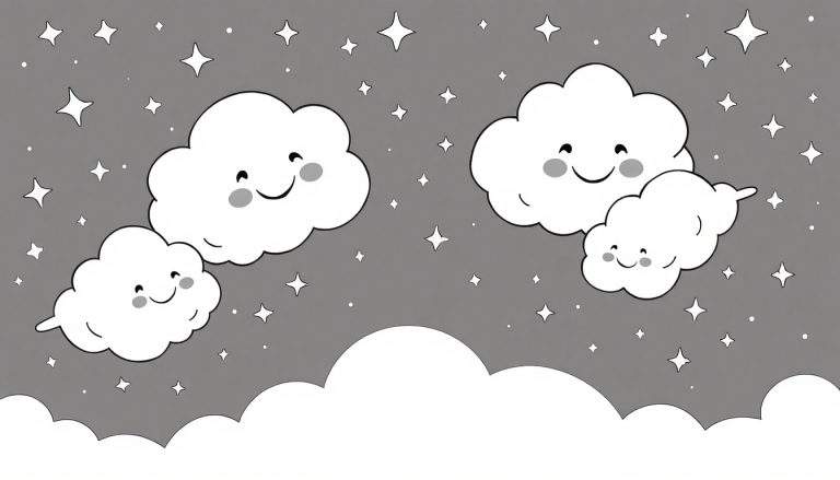Un ciel nocturne gris avec des nuages souriants constellé d'étoiles brillantes.