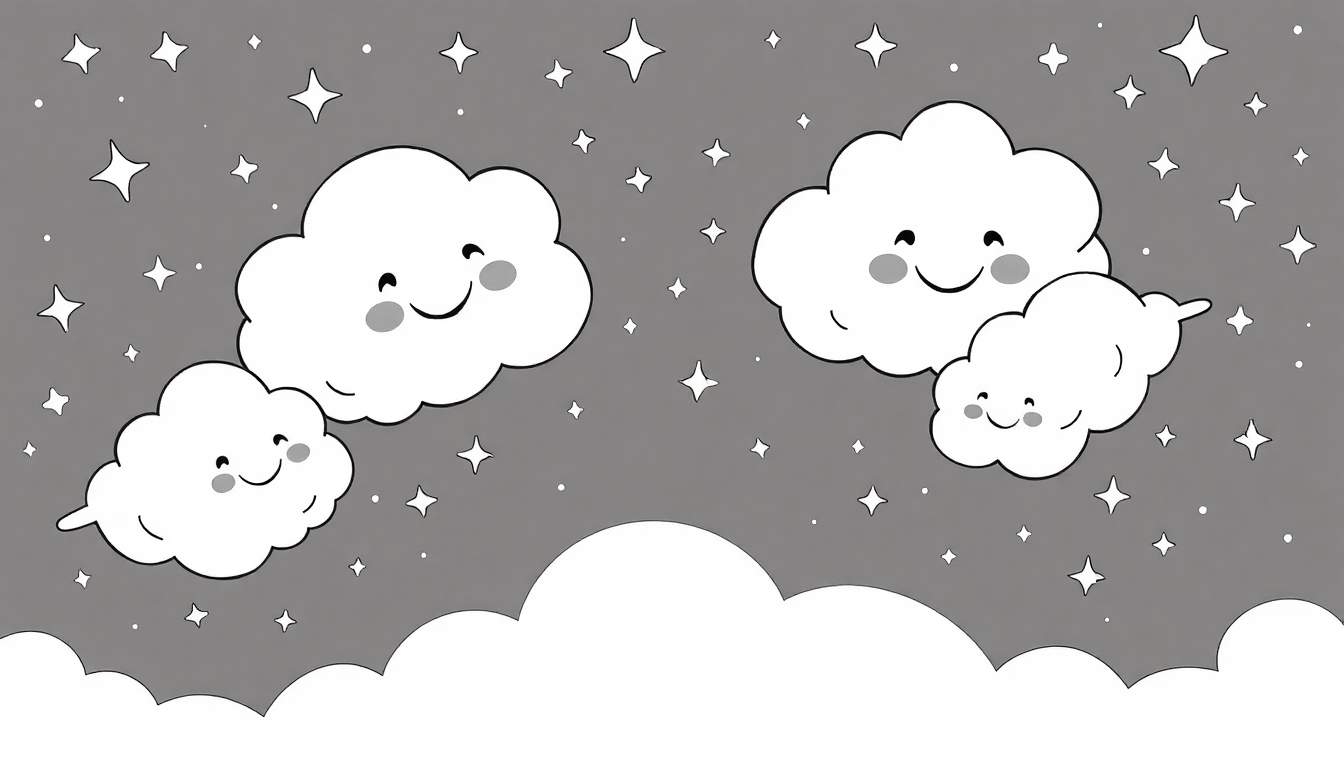 Un ciel nocturne gris avec des nuages souriants constellé d'étoiles brillantes.