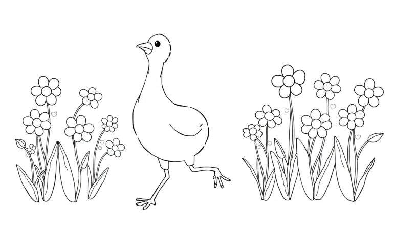 Oiseau en dessin au trait courant dans un pré fleuri, prêt pour le color panel.