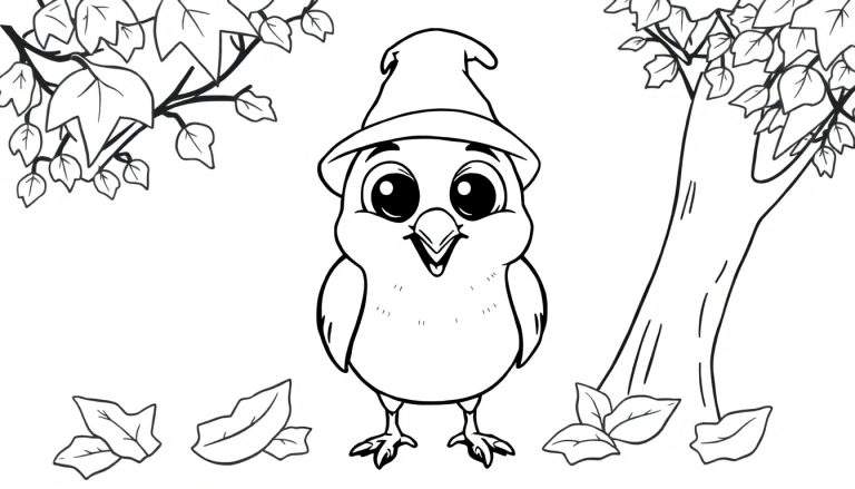 Un oiseau mignon avec un chapeau de sorcière sur une page de coloriage d'automne.