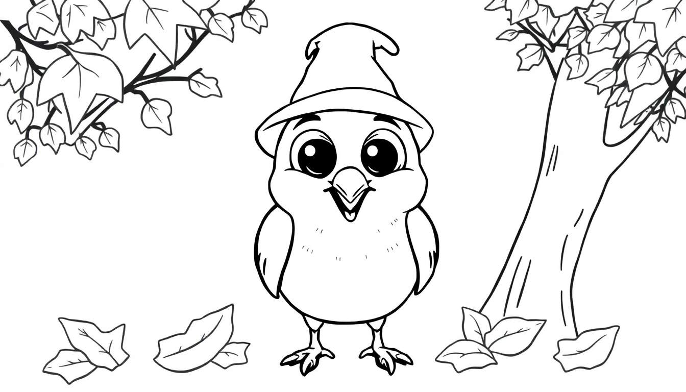 Un oiseau mignon avec un chapeau de sorcière sur une page de coloriage d'automne.