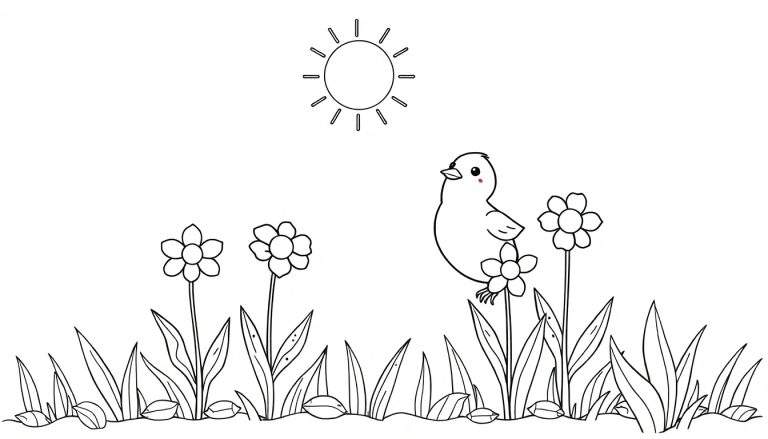 Un petit oiseau noir et blanc sur une fleur dans un panneau de coloriage.