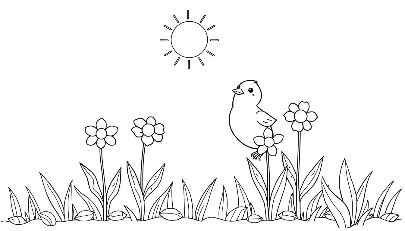 Un petit oiseau noir et blanc sur une fleur dans un panneau de coloriage.