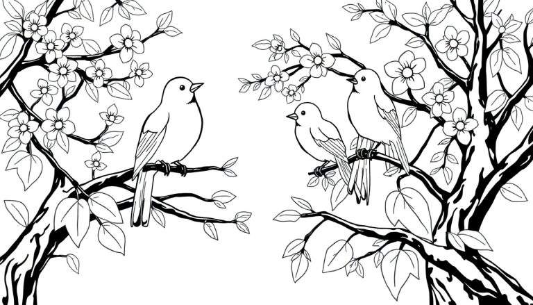 Illustration en noir et blanc d'oiseaux sur des branches fleuries, comme un color panel.