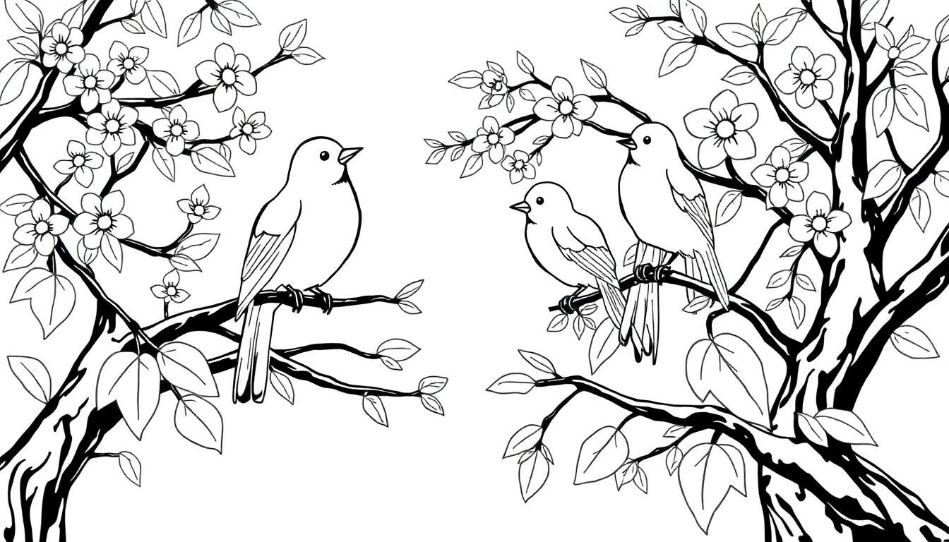 Illustration en noir et blanc d'oiseaux sur des branches fleuries, comme un color panel.