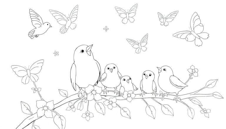 Dessin au trait d'une famille d'oiseaux sur une branche fleurie avec des papillons, parfait pour un color panel.
