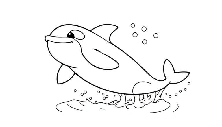 Page à colorier en noir et blanc d'une baleine orque souriante sautant hors de l'eau avec des bulles.