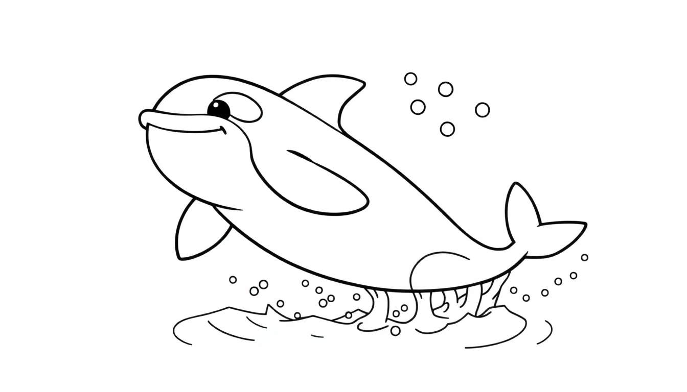 Page à colorier en noir et blanc d'une baleine orque souriante sautant hors de l'eau avec des bulles.