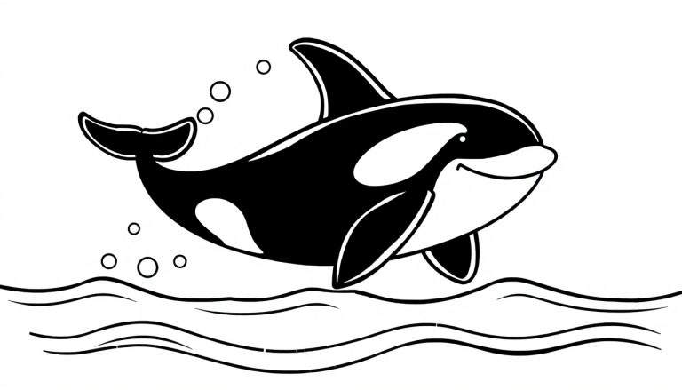 Un orque de dessin animé noir et blanc avec une grande nageoire dorsale et des taches blanches, nageant joyeusement dans l'eau avec des bulles, comme sur un panneau de coloriage.