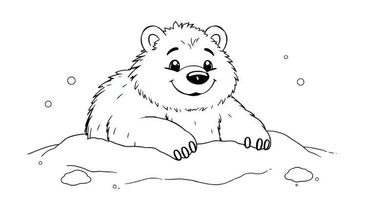 Dessin au trait noir et blanc d'un ours polaire souriant assis sur de la neige avec des flocons.