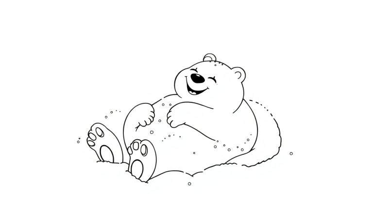 Un dessin au trait d'un ours polaire joyeux et souriant assis dans la neige, prêt à être coloré dans le color panel.