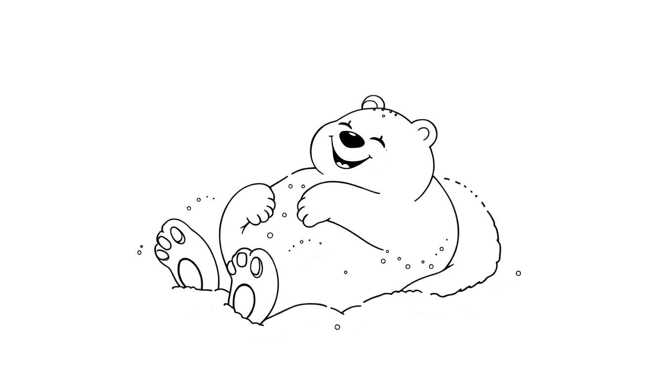 Un dessin au trait d'un ours polaire joyeux et souriant assis dans la neige, prêt à être coloré dans le color panel.