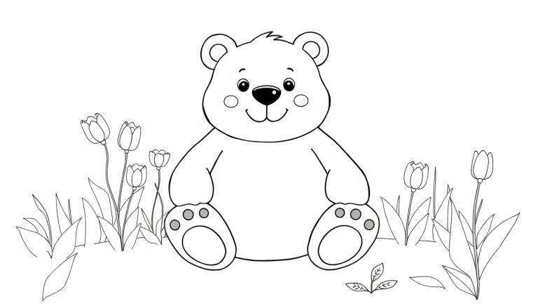 Un ours en peluche souriant assis dans un champ de tulipes, prêt à être colorié.