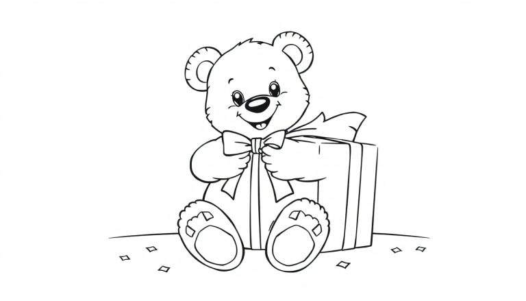 Dessin au trait d'un ours en peluche avec un nœud papillon tenant un cadeau entouré de confettis, prêt à être coloré dans le color panel.