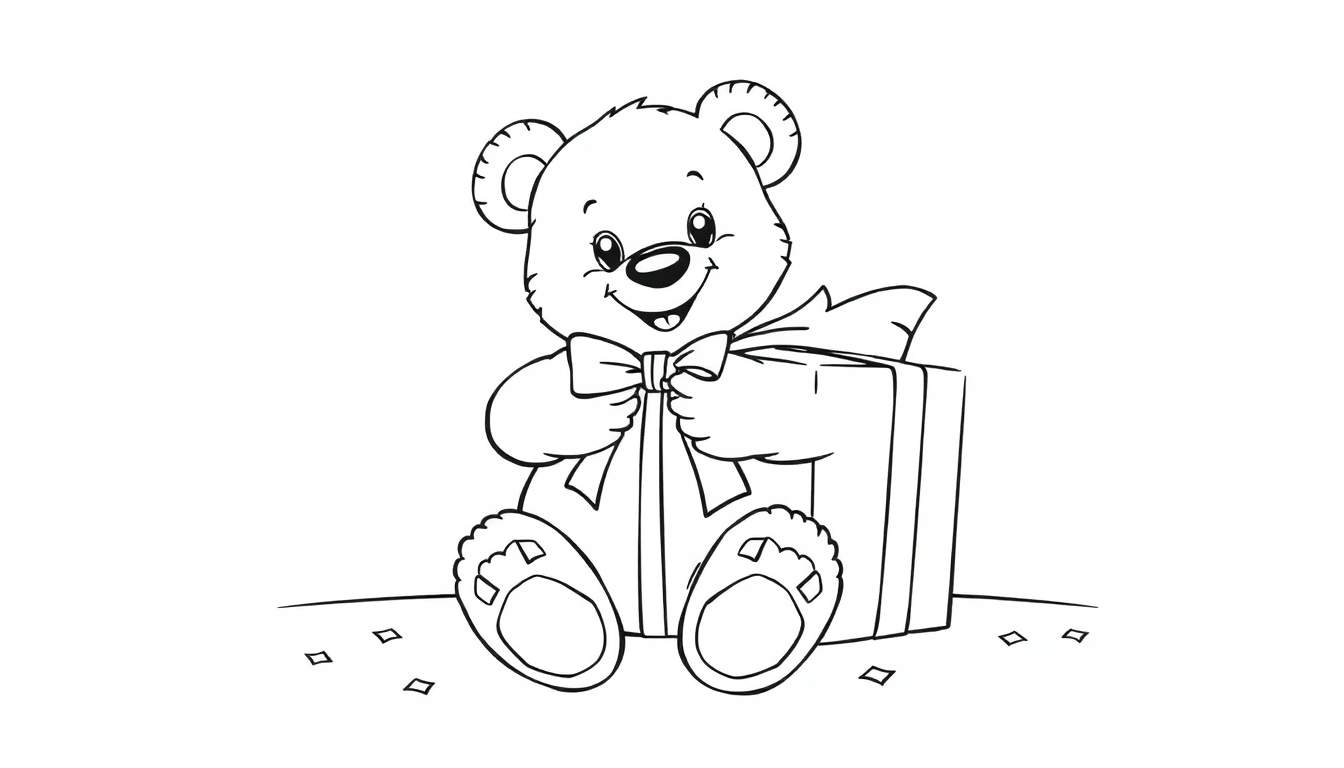 Dessin au trait d'un ours en peluche avec un nœud papillon tenant un cadeau entouré de confettis, prêt à être coloré dans le color panel.