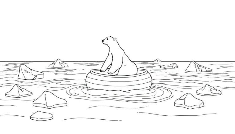 Un ours polaire assis sur une petite banquise entouré d'eau et de morceaux de glace, avec un color panel de teintes bleues et blanches.
