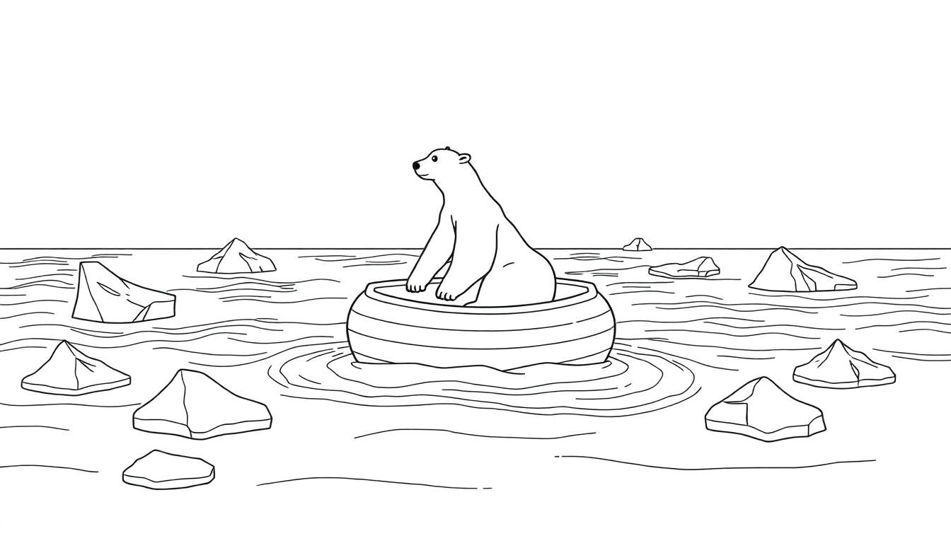 Un ours polaire assis sur une petite banquise entouré d'eau et de morceaux de glace, avec un color panel de teintes bleues et blanches.