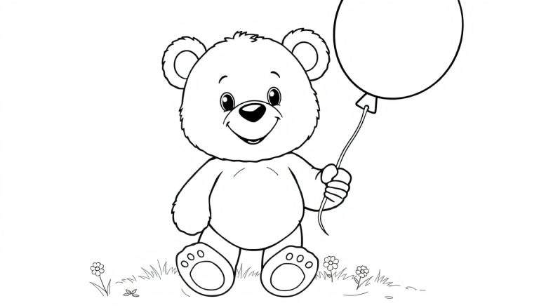 Un ourson en peluche souriant tenant un ballon coloré, prêt à être colorié. C'est un dessin au trait noir et blanc parfait pour un color panel.
