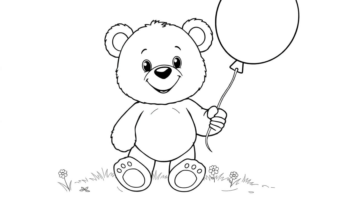 Un ourson en peluche souriant tenant un ballon coloré, prêt à être colorié. C'est un dessin au trait noir et blanc parfait pour un color panel.