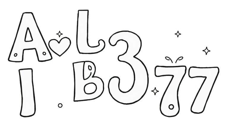 Une page de coloriage avec des lettres A, L, B, I et les chiffres 3, 77, avec un cœur et des étoiles, dans un style de contour pour le coloriage.