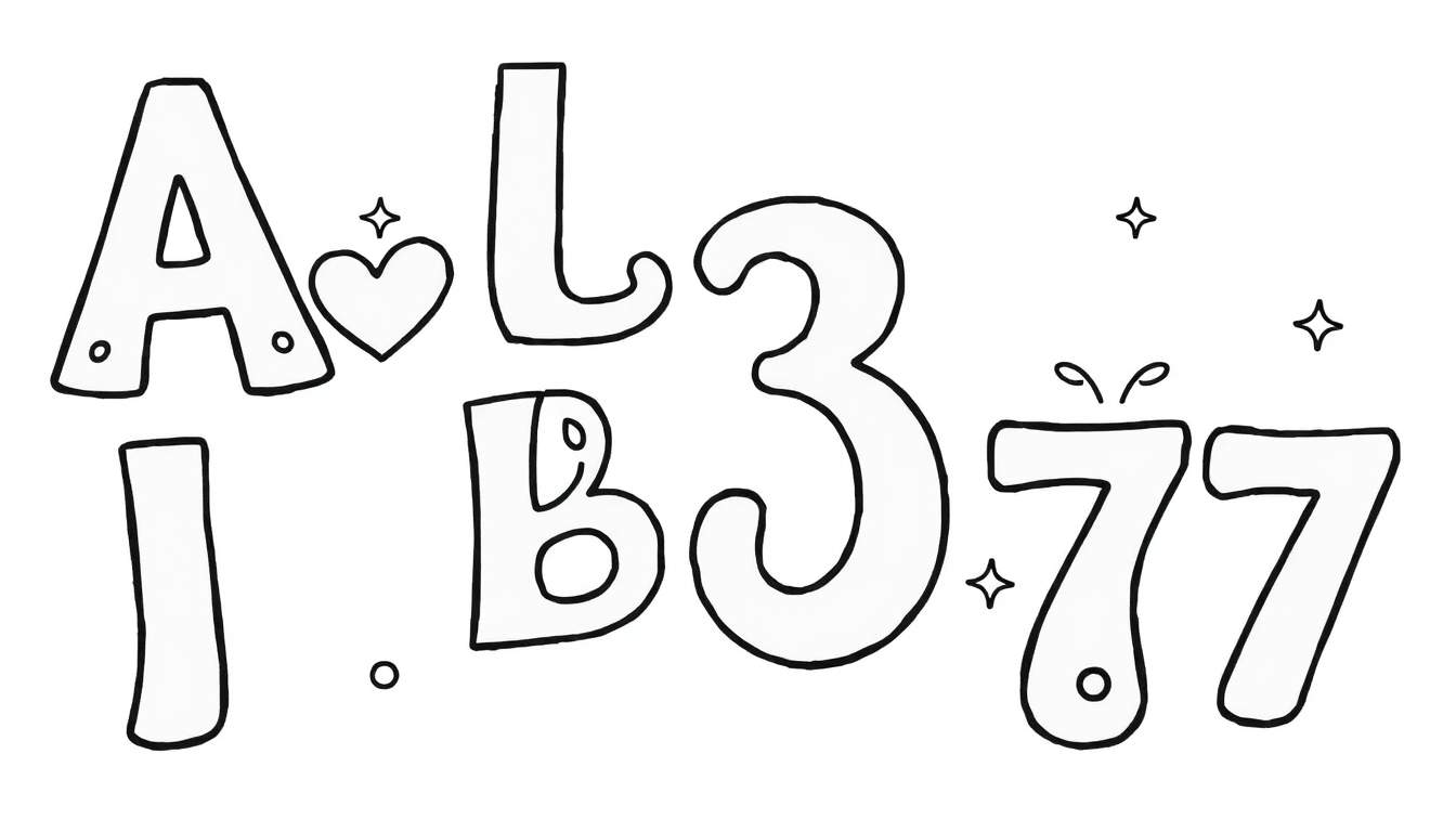 Une page de coloriage avec des lettres A, L, B, I et les chiffres 3, 77, avec un cœur et des étoiles, dans un style de contour pour le coloriage.