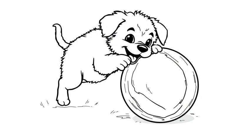 Un chiot noir et blanc joyeux jouant avec un jouet rond, parfait pour une page de coloriage.
