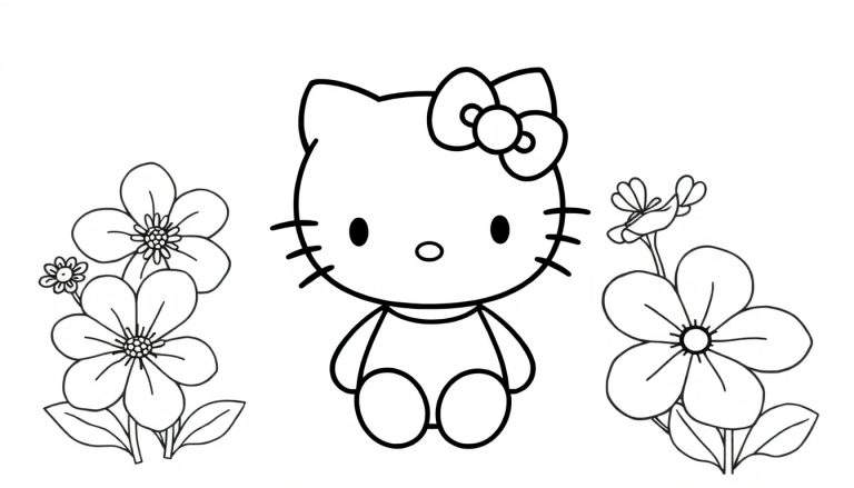 Dessin au trait de Hello Kitty entourée de fleurs, page de coloriage.