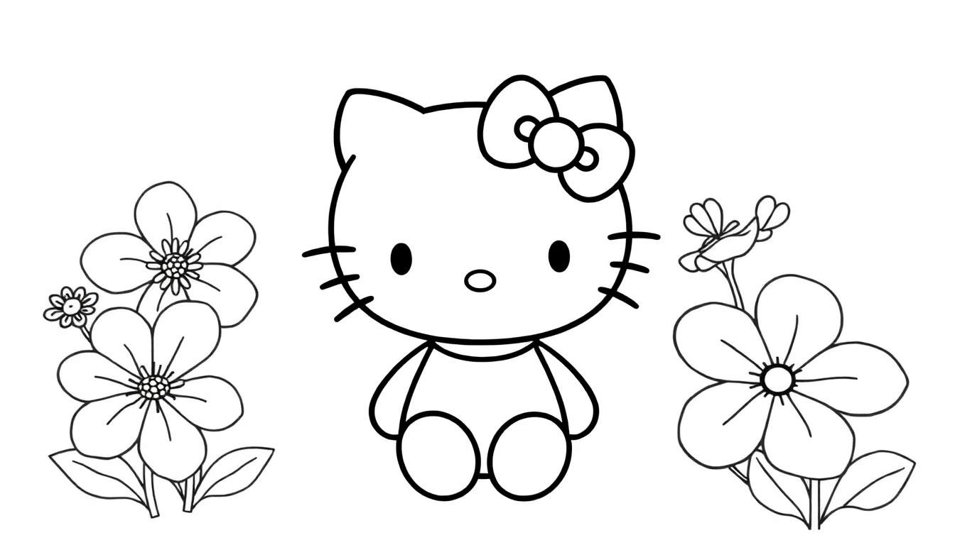 Dessin au trait de Hello Kitty entourée de fleurs, page de coloriage.