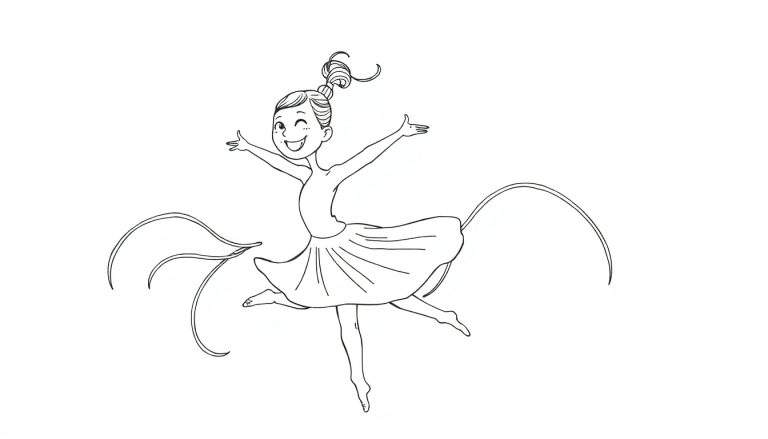 Une jeune danseuse joyeuse en plein saut, entourée de rubans flottants, sur une page de coloriage en noir et blanc.