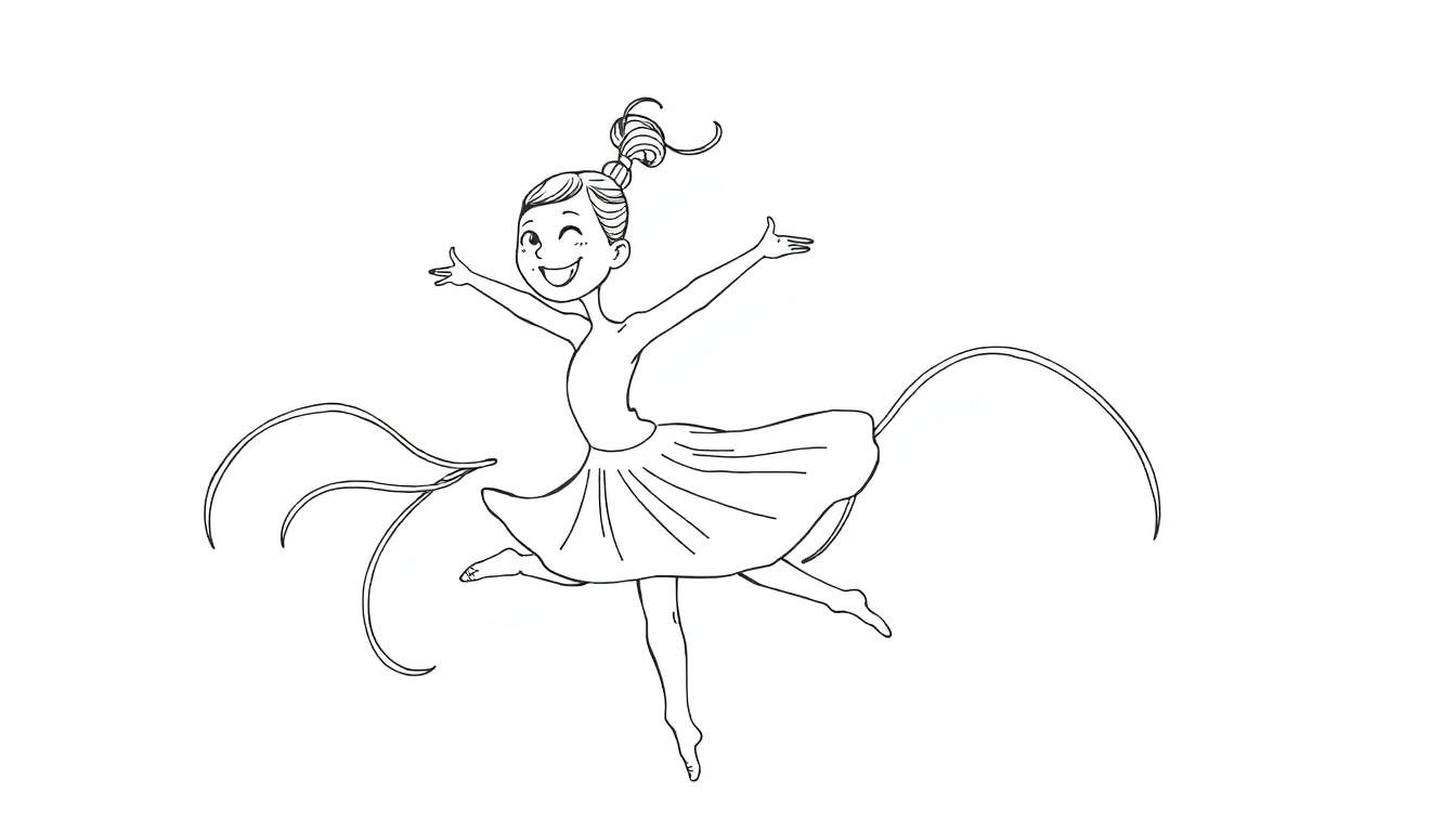 Une jeune danseuse joyeuse en plein saut, entourée de rubans flottants, sur une page de coloriage en noir et blanc.
