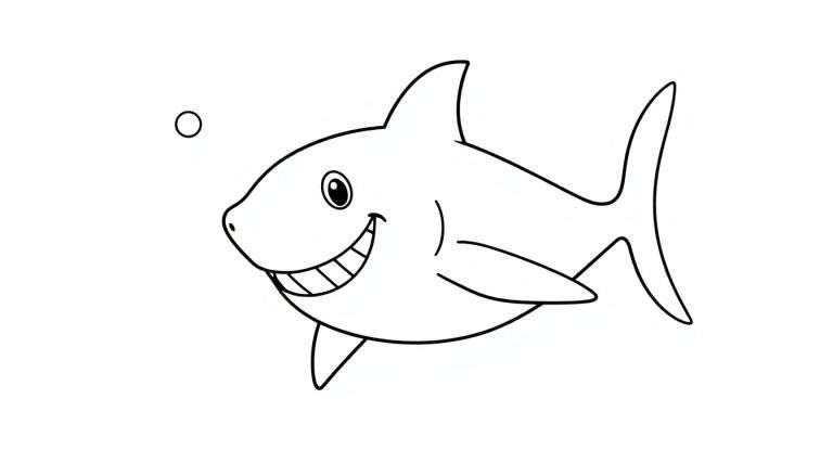 Un dessin au trait d'un requin souriant avec des bulles, conçu pour une page de coloriage.