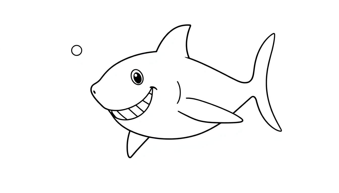 Un dessin au trait d'un requin souriant avec des bulles, conçu pour une page de coloriage.