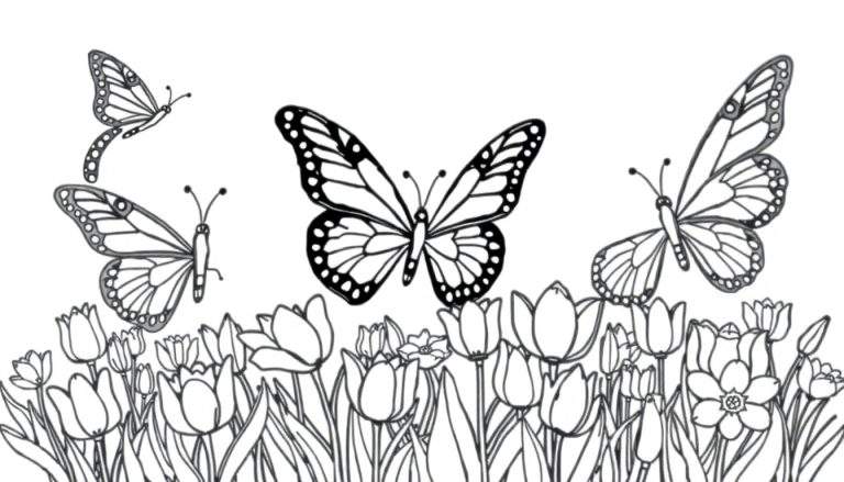 Page de coloriage avec des papillons et des fleurs sur un color panel.