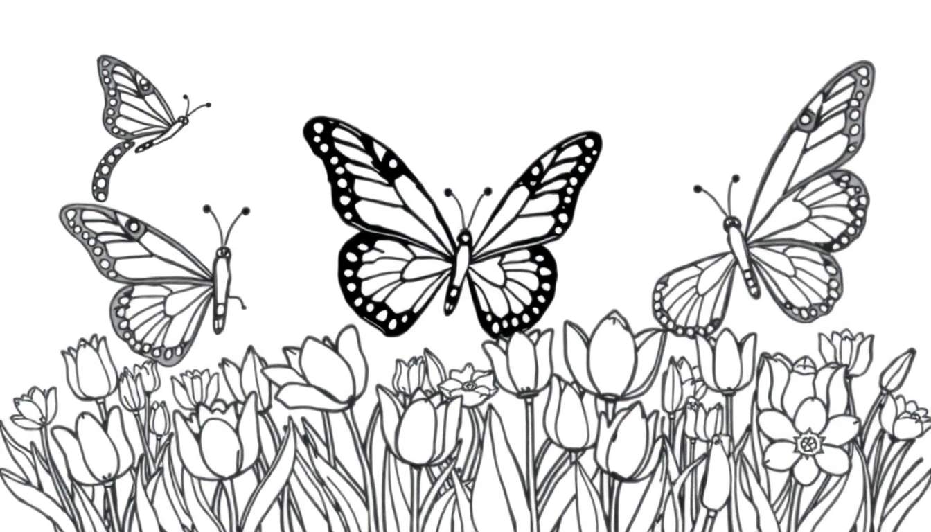 Page de coloriage avec des papillons et des fleurs sur un color panel.