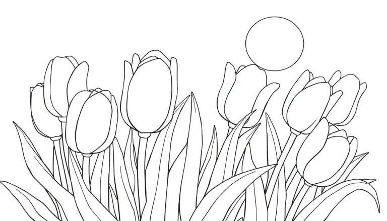 Panneau de coloriage avec des tulipes et un cercle de soleil.
