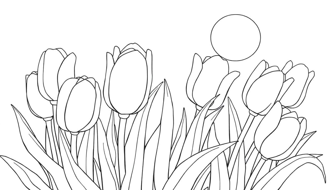 Panneau de coloriage avec des tulipes et un cercle de soleil.