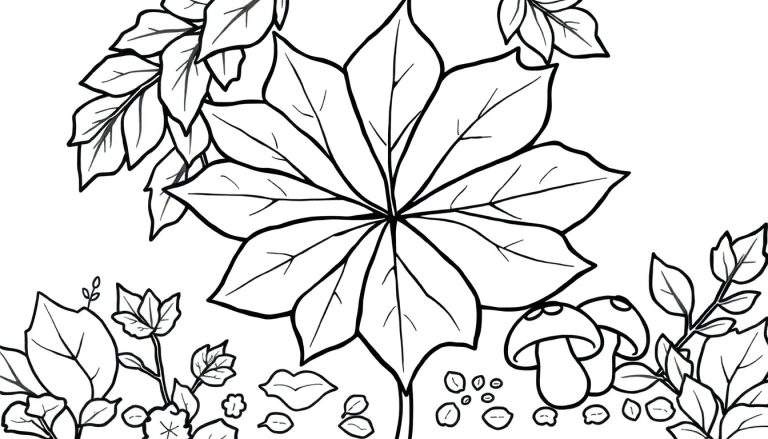Feuille d'érable centrale entourée de feuilles, fleurs, champignons et graines. Dessin au trait pour un livre de coloriage.
