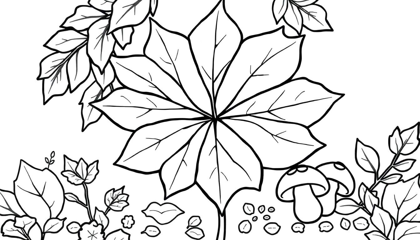 Feuille d'érable centrale entourée de feuilles, fleurs, champignons et graines. Dessin au trait pour un livre de coloriage.