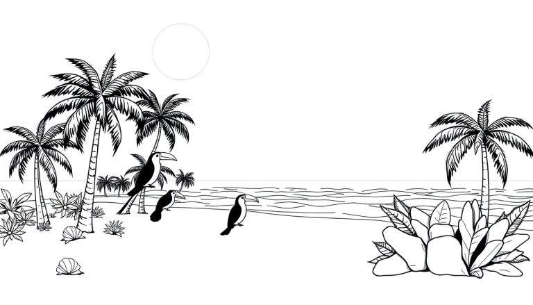 Une page de coloriage tropicale en noir et blanc montrant des palmiers, des plantes, des coquillages, des toucans et le soleil stylisé.