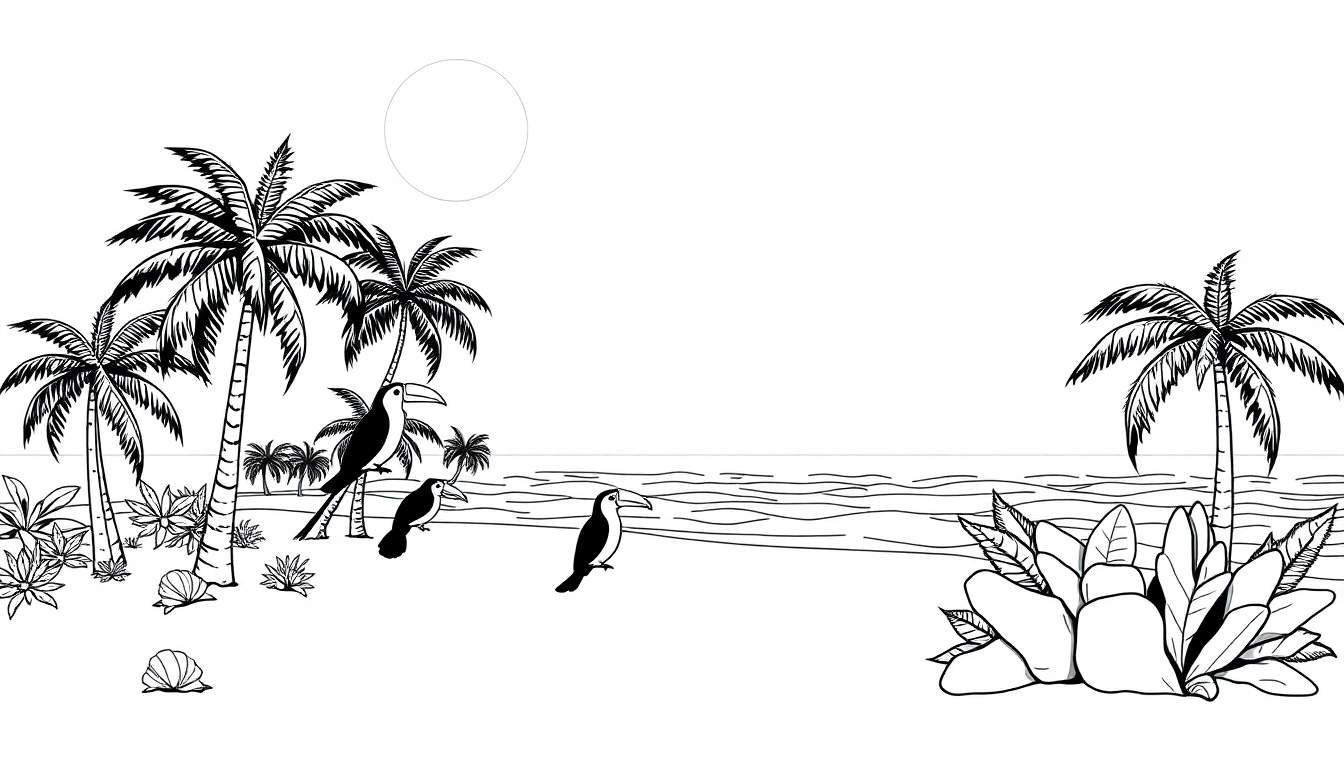 Une page de coloriage tropicale en noir et blanc montrant des palmiers, des plantes, des coquillages, des toucans et le soleil stylisé.