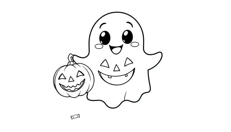 Un fantôme d'Halloween mignon tenant une citrouille, page à colorier.