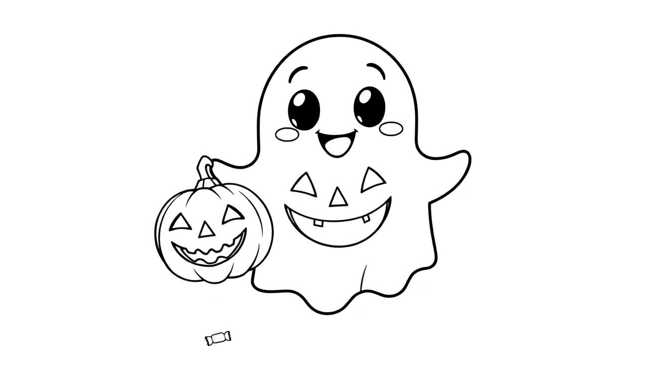 Un fantôme d'Halloween mignon tenant une citrouille, page à colorier.