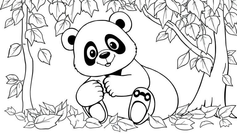 Un dessin au trait d'un panda assis dans un bosquet, prêt à être colorié.