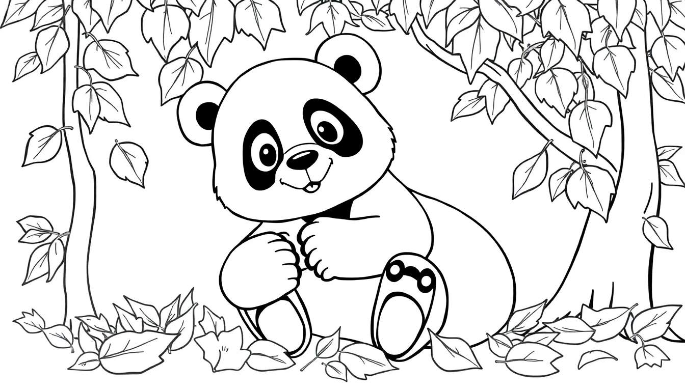 Un dessin au trait d'un panda assis dans un bosquet, prêt à être colorié.
