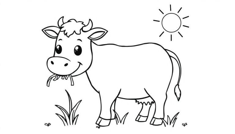 Dessin en noir et blanc d'une vache joyeuse mâchant de l'herbe, parfait pour un panneau coloré.