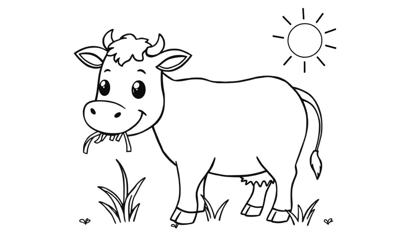 Dessin en noir et blanc d'une vache joyeuse mâchant de l'herbe, parfait pour un panneau coloré.