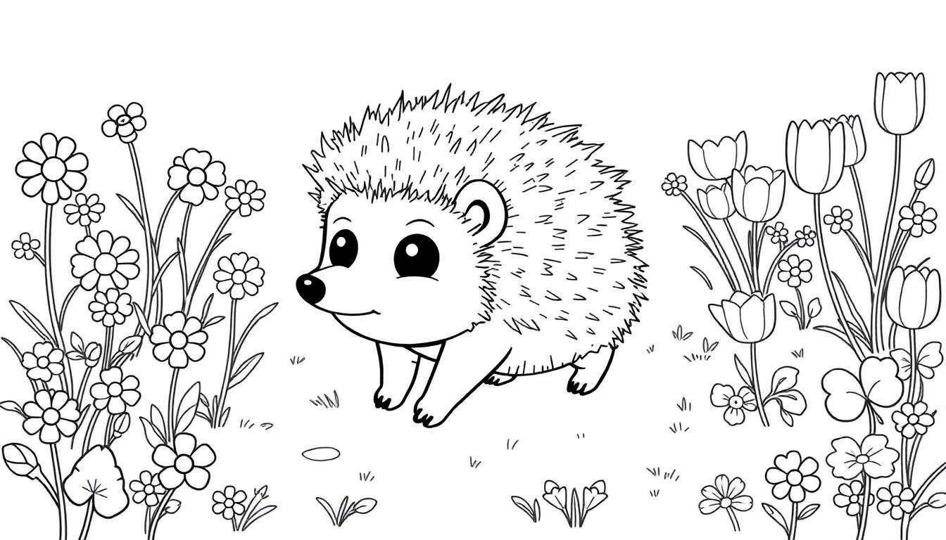 Un adorable petit hérisson souriant dans un champ de fleurs, prêt à être coloré dans ce panneau coloré.